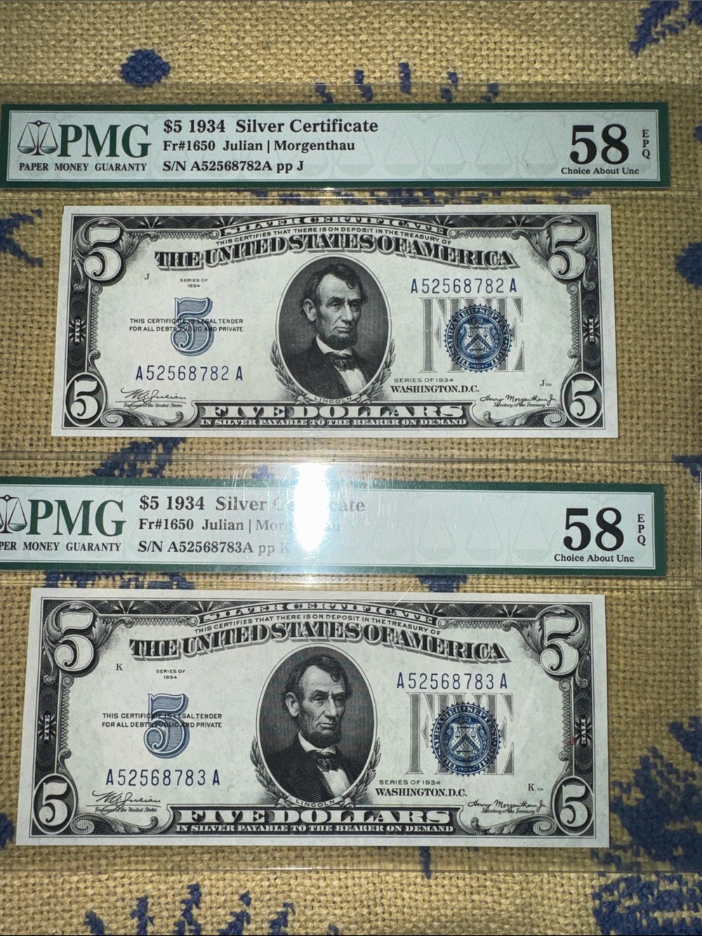 2 consecutive PMG Graded 1934 $5 Silver Certificates - Pair